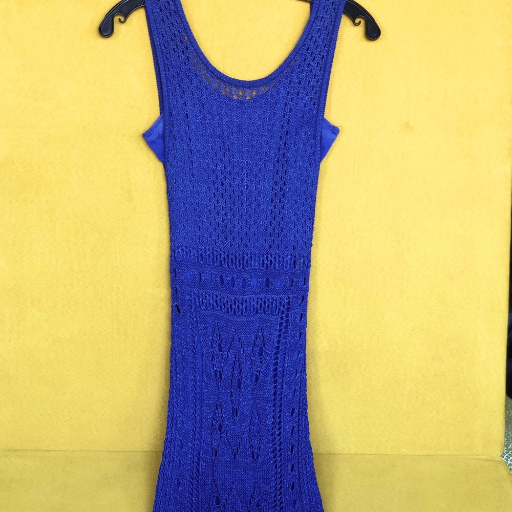 Bebe Royal Blue Macrame Bodycon Dress with Slip Dress, Size Small